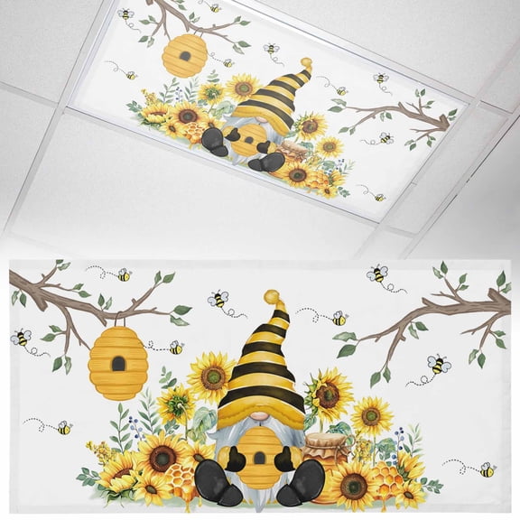 Bees Dwarfs Fluorescent Light Covers Yellow Sunflowers Branch Spring Flower Plant Magnetic Light Filters Ceiling Lighting Panel Shade for Classroom Office Home 2 x 4 ft, 1 Pack