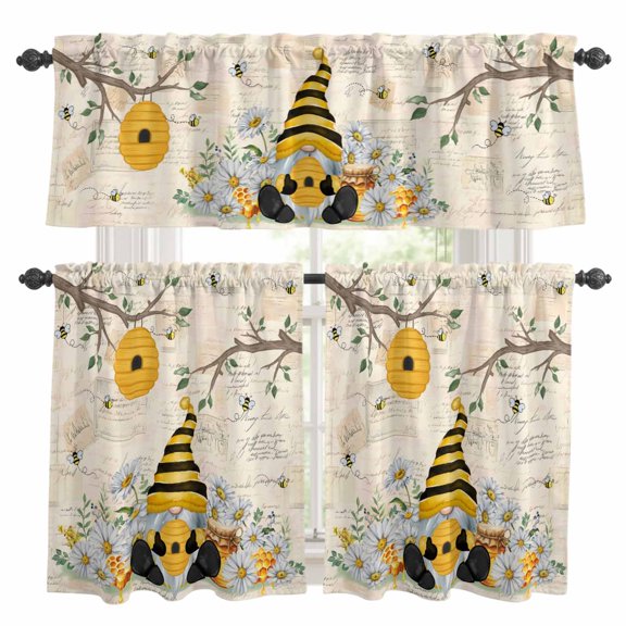 Bees Dwarfs Kitchen Curtains Set for Windows, Springs White Daisy Branch Vintage Letter Curtains Valance and Tier 3 Piece Set Small Drapes 24 Inch Length for Kitchen Bedroom Decor