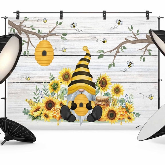 Bees Dwarfs Photography Backdrop 7x5FT, Yellow Sunflowers Branch Spring Floral Plant Wood Striped Photo Backdrops, Background for Photography Studio Photo Studio Background, Back Drop for Photoshoot