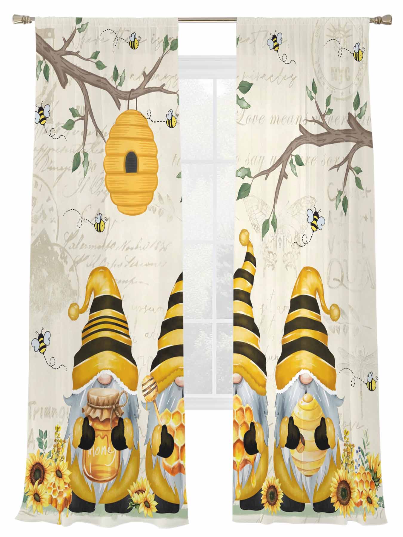 Bees Dwarfs Sheer Curtains 2 Panels Set Yellow Sunflower Branch Spring ...