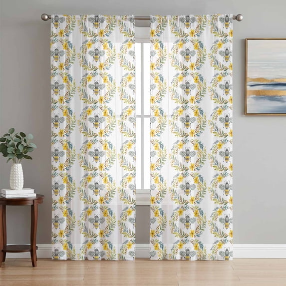 Bees Floral Wreath Sheer Curtains 96 Inch Length 2 Panels Set, Summer Farmhouse Flowers Spring Voile Window Treatment Semi Sheer Long Curtains Drapes for Bedroom/Living Room/Kitchen 52"x96"x2