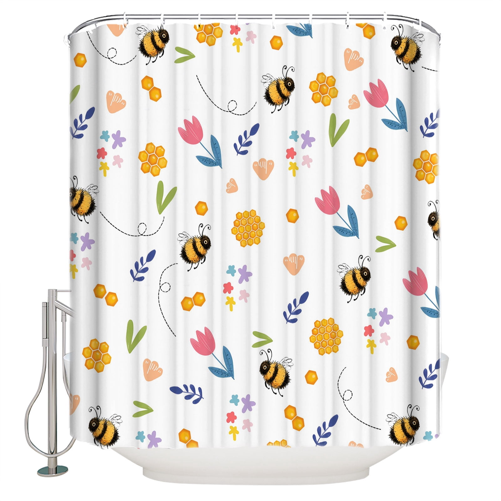 Bees Flowers Bathroom Shower Curtains with 12 Hooks Polyester ...