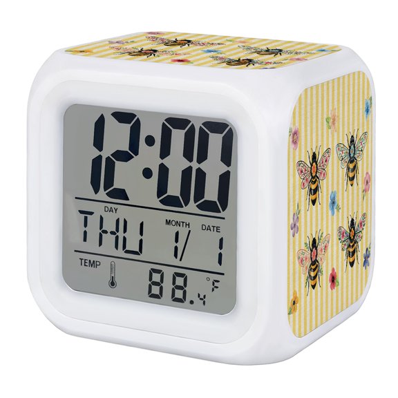 Bees Flowers Digital Alarm Clock for Bedrooms,Smart LED Alarm Clock with 7 Color Changing Night Light,Retro Spring Botanical Floral Yellow Stripes Silent Wake Up Clocks for Sleep Study 3.2"x3.2"
