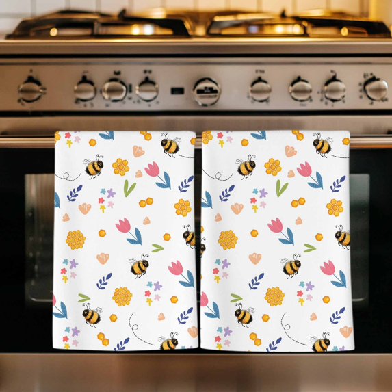 Bees Flowers Kitchen Towels Set of 3, Spring Botanical Blooms Flowers Leaves Absorbent Dish Towels for Kitchen, Microfiber Hand Towel, Quick Drying Tea Towel for Cleaning Decorative Dishcloths
