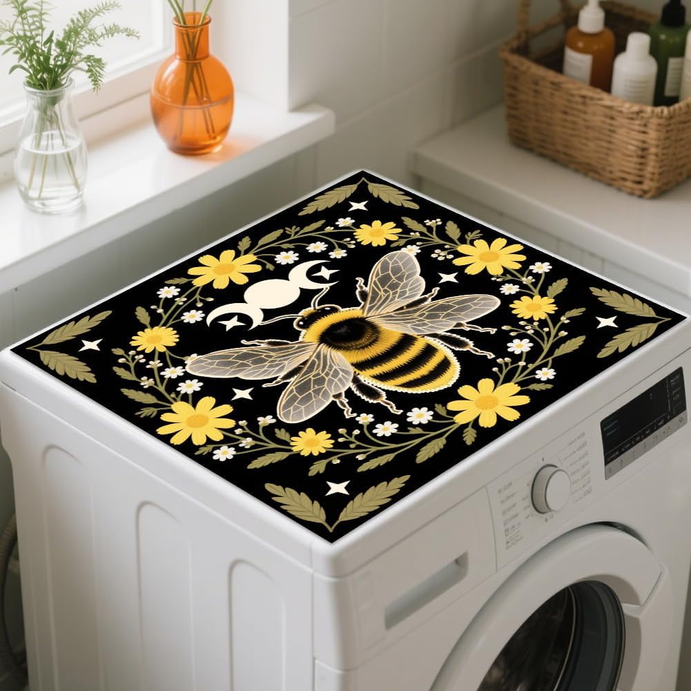 Bees Flowers Laundry Room Washer Dryer Dust Cover Mat 23.6x23.6inch Moons ases Washing Machine Top Protector Pads Wreath Non Slip