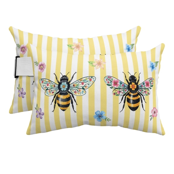 Bees Flowers Outdoor Pillows for Chaise Lounge Chair Beach Headrest Pillow Set of 2 Waterproof Lumbar Pillows with Insert&Adjustable Strap Spring Botanical Floral Yellow Striped Pool Pillow 12"x20"