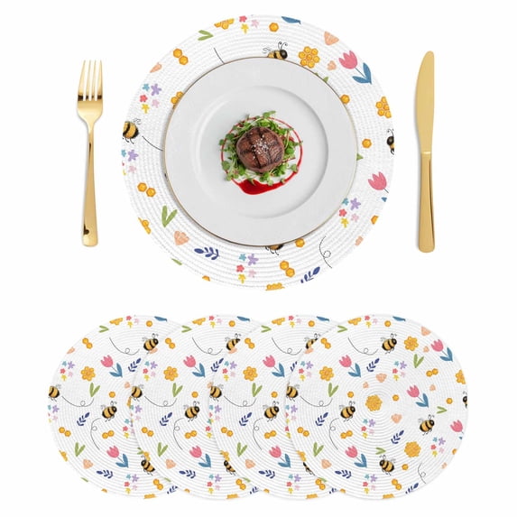 Bees Flowers Round 13 Inch Placemats Set of 4, Spring Botanical Blooms Flowers Leaves HeatResistant Non Slip Place Mats for Dining Table, Wipeable Braided Kitchen Table Mats for Housewarming