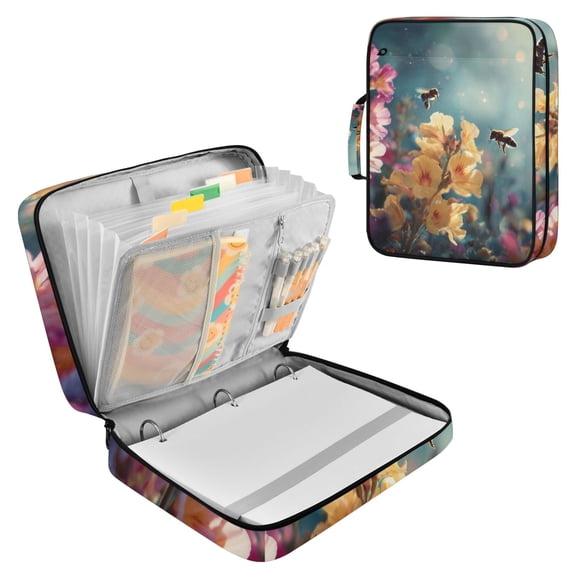 Bees Flying Around Flowers Spring Realistic Accordion File Organizer Expanding File Folder 3-Ring Binder Bag 500 Sheets A4 Size