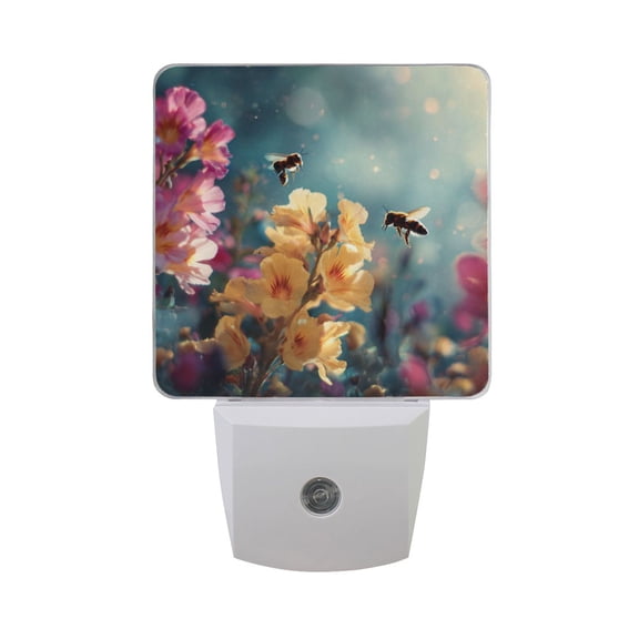 Bees Flying Around Flowers Spring Realistic LED Night Light Sensor Lamp Plug-in Adjustable Brightness 2 Pack
