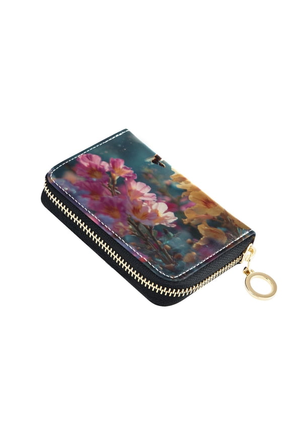 Bees Flying Around Flowers Spring Realistic Women's Credit Card Holder PU Leather Zipper Wallet RFID Blocking