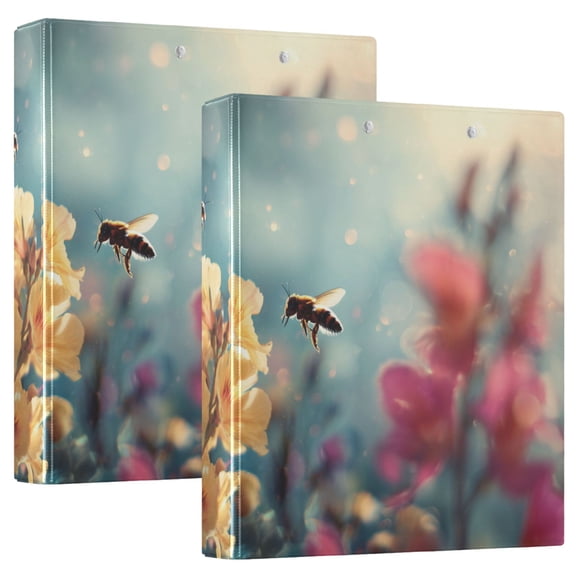 Bees Flying around Flowers Spring Realistic Round Ring Binder 3 Rings 1.5" Capacity File Storage for A4 Size 2 Pack