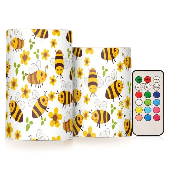 Bees Gather Nectar Flameless LED Candle Set with Remote, Battery Operated Color Changing Pillar Candles, Set of 2