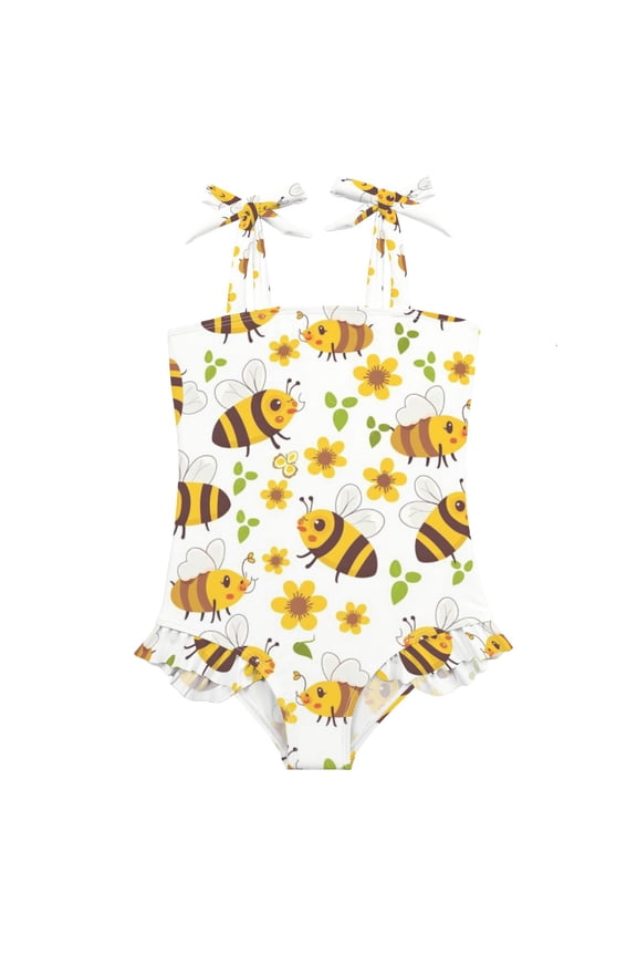 Bees Gather Nectar Girls' One-Piece Swimsuit Bowknot Tie Shoulder Ruffled Stretchy Quick Dry