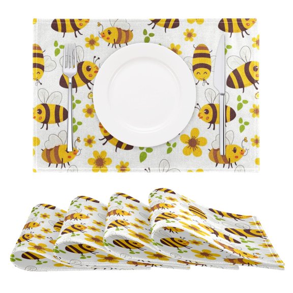 Bees Gather Nectar Placemats Set of 4 18x12in Reversible Rustic Linen Texture Dining Table Mat