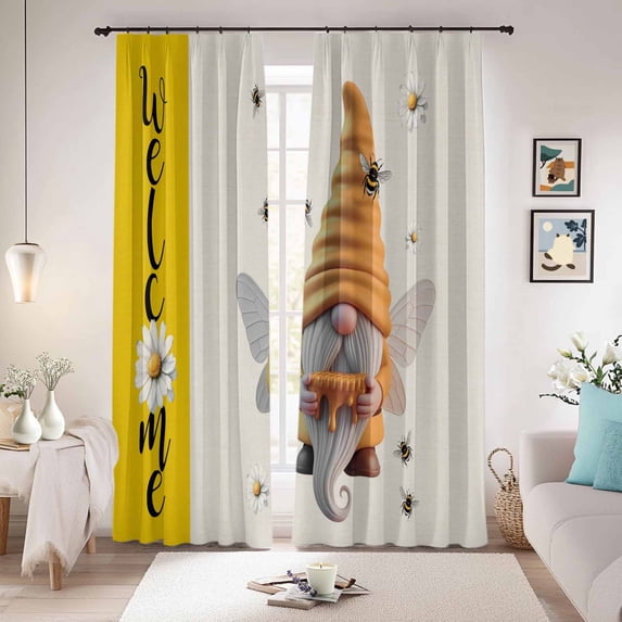 Bees Gnomes Blackout Curtains for Bedroom/Living Room, Pinch Pleated Black Out Curtains, Summer Watercolor Farmhouse Daisy Flower Room Darkening Window Drapes with Hooks 2 Panels, 39"x70"