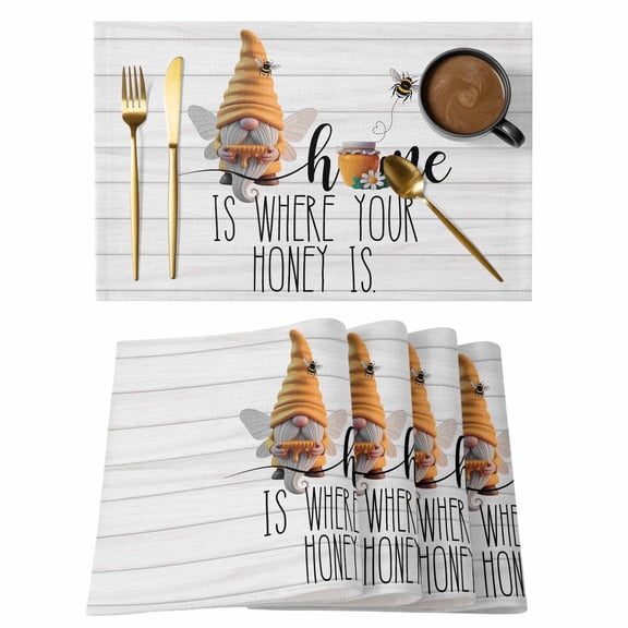 Bees Gnomes Placemats Set&nbsp;of&nbsp;2 Spring Summer Home Honey Daisy Grey Wood Grain Heat Insulation Washable Place Mats, Rustic Non-Slip Table Mats for Dining Table Party Kitchen Decor,13x19 Inch