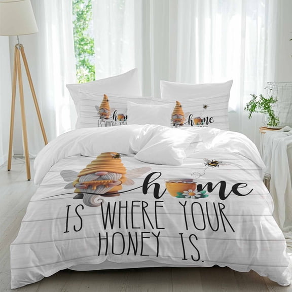 Bees Gnomes Queen Size Comforter Set, Spring Summer Home Honey Daisy Grey Wood Grain Bedding for All Seasons, 4 Pcs Bed Set, 1Quiltcover (90"x92") ,1Sheet(94"x116"), 2Pillowcases (30"x20")