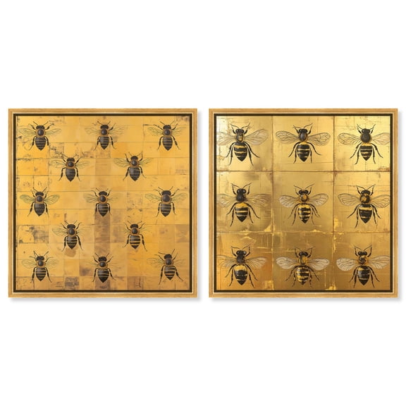 Bees Golden Set Canvas Set of 2 Wall Decor Sets by Art Remedy, Gold Frame, 20 x 20