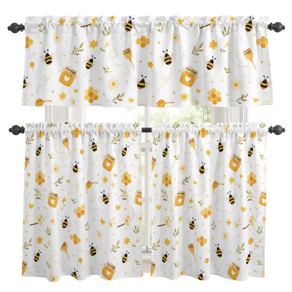 Bees Honey Jars Kitchen Curtains Valances 3 Piece Set, Minimalist Rustic Yellow Flowers Leaves Dotted Lines Rod Pocket Tier Curtain and Valance Drapes for Small Window 24 Inch Length for Bedroom Cafe