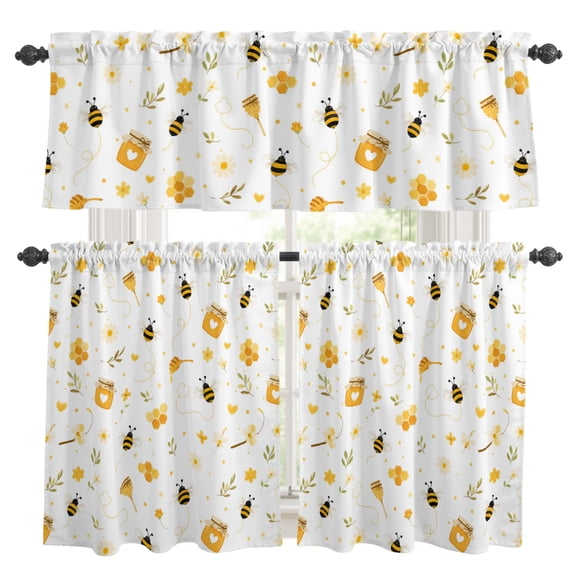 Bees Honey Jars Kitchen Curtains and Valances Set, Minimalist Rustic Yellow Flowers Leaves Dotted Lines Rod Pocket Window Valance Window Curtain Panels for Living Room Bedroom, 27.5x36in, 3 Pieces