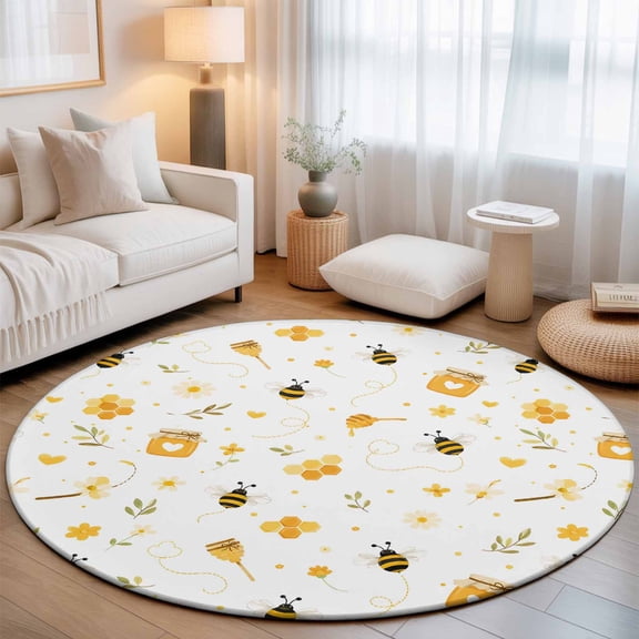 Bees Honey Jars Round Rug 4Ft Minimalist Rustic Yellow Flowers Leaves Dotted Lines Circle Area Rugs Washable Non Slip Indoor Floor Mats Carpet for Living Room Bedroom Dining Room Home Decor