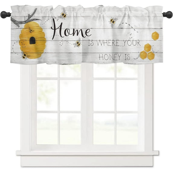 Bees Honey Window Valance Curtain Home is Where Your Honey is Bee Rustic Wood Grain Tier Curtain Blackout Rod Pocket Curtain Valances for Kitchen/Bedroom/Living Room/Bathroom, 1 Panel, 54 x 18 Inch