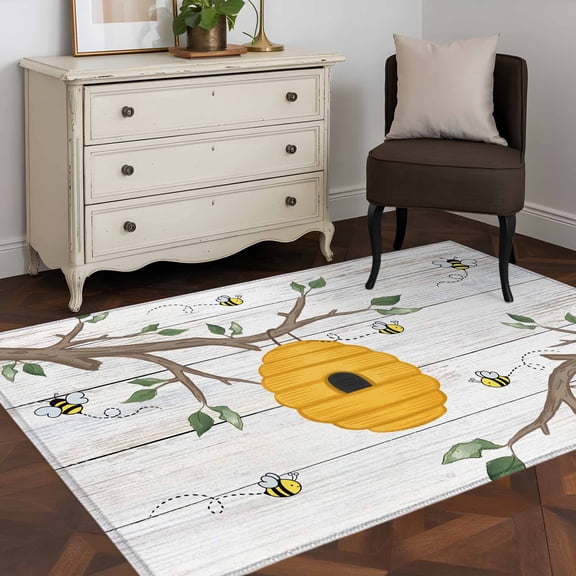 Bees Honeycomb 4x6 Rug for Dining Table for 4 People Under Table, Branch Spring Floral Plant Wood Stripes ashable Non Slip Rectangle Area Rug