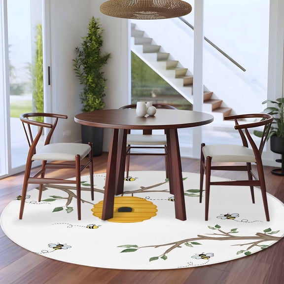 Bees Honeycomb 5ft Round Rug for Dining Table for 4 People Under Table Placement, Branch Spring Floral Plant Farmhouses Washable Non Slip Circle Area Rug