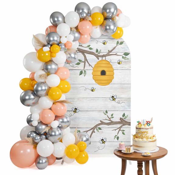 Bees Honeycomb Arch Backdrop Cover 4FT Branch Spring Floral Plant Wood Stripes Spandex Fitted Arch Covers Stretchy Backdrop Decoration for Wedding Birthday Graduation Party