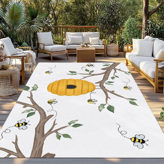 Bees Honeycomb Indoor Outdoor Rugs 3x5 Ft, Branch Spring Floral Plant Farmhouses Outdoor Patio Rugs Mat Washable Outside Area Rugs Carpet for Porch Deck RV Camping Pool Balcony Backyard