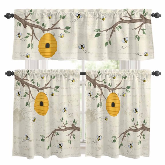 Bees Honeycomb Kitchen Curtains Set for Windows, Branch Spring Floral Plant Vintage Letter Curtains Valance and Tier 3 Piece Set Small Drapes 24 Inch Length for Kitchen Bedroom Decor