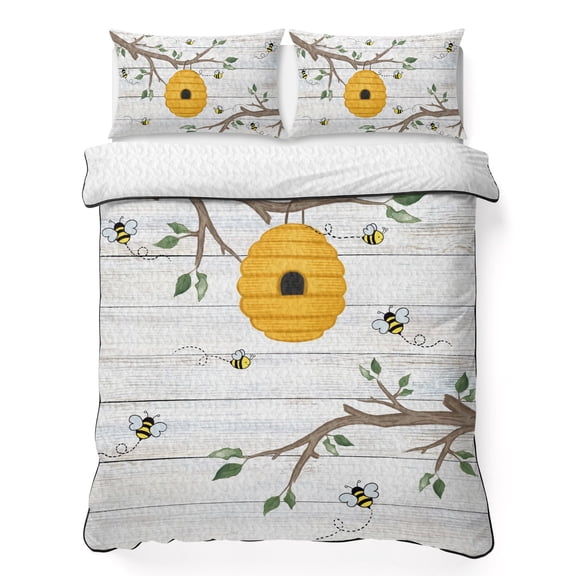 Bees Honeycomb Queen Quilt Bedding Set, Branch Spring Floral Plant Wood Stripes Lightweight Comforter with 2 Pillow Shams Bedroom Bedspread Set Home Decor for All Seasons