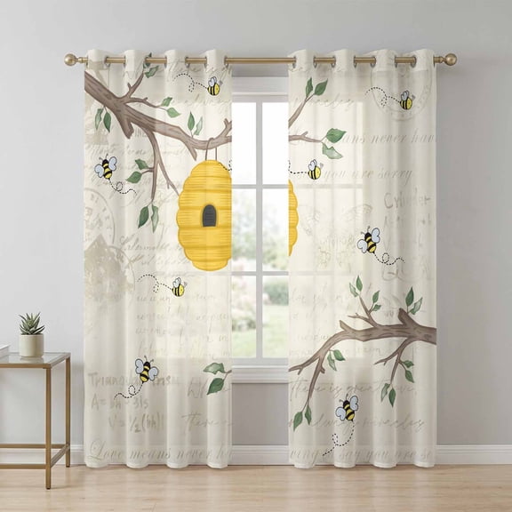 Bees Honeycomb Sheer Curtains 96 Inch Long 2 Panels, Branch Spring Floral Plant Vintage Letter Light Filtering Semi Sheer Drapes Grommet Voile Window Curtain for Living Bedroom W52 x L96