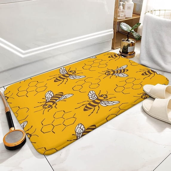 Bees and Honeycomb on Yellow Bathroom Rug Mat, Extra Soft and Absorbent Microfiber Bath Rugs, Non-Slip Plush Bath Carpet, Bath Mats for Bathroom Floor, Tub and Shower 18x30 Inch