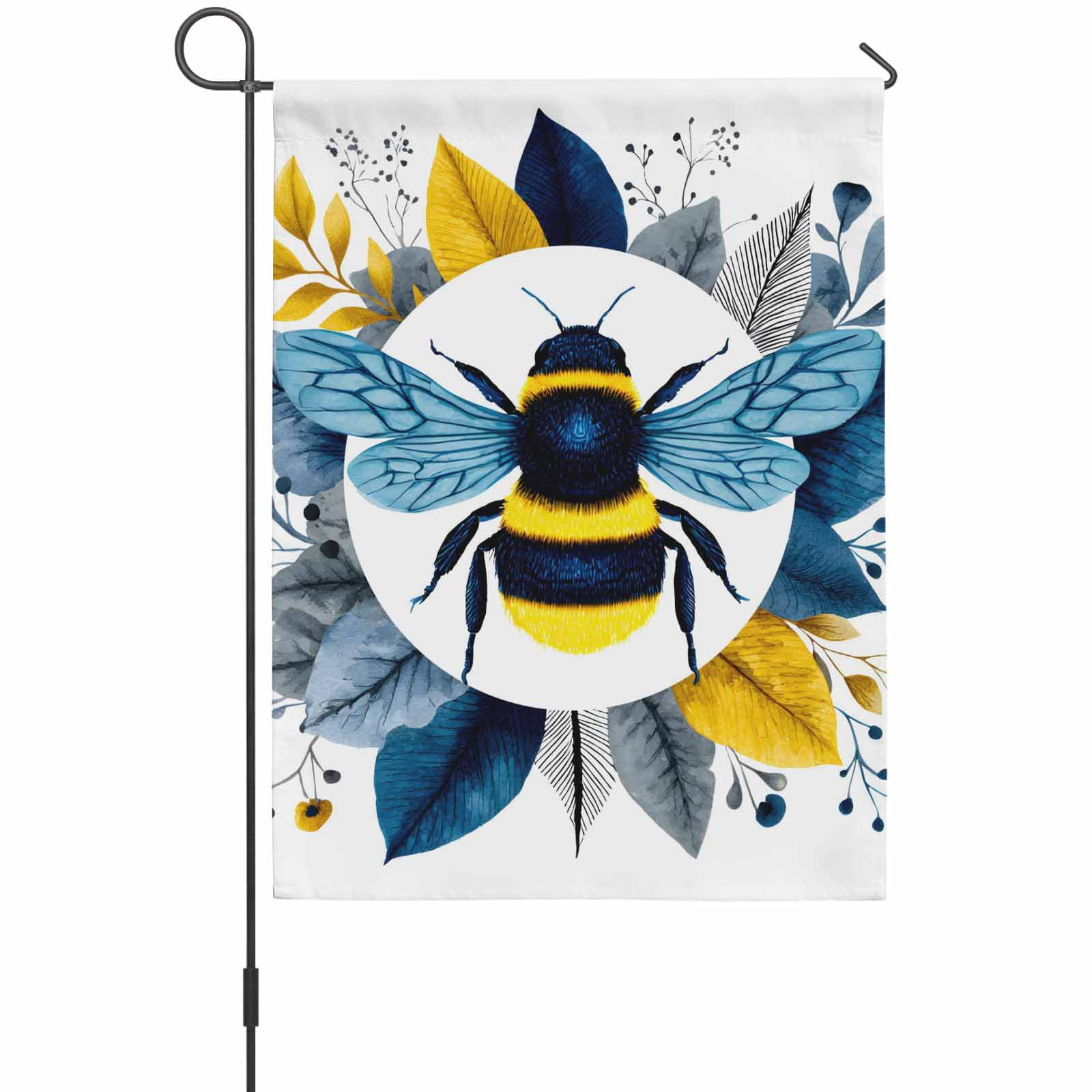 Bees House Flag 28 x 40 Inches, Gold Blue Leaves Plant Bee Weather Proof Outdoor Patio Flags Double Sided Small House Decoration for Yard Lawn Outside Home