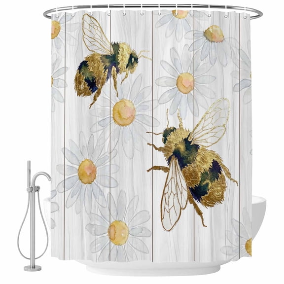 Bees Inset Bathroom Shower Curtains with Hooks, Daisy Watercolor Floral White Wood Grain Striped Waterproof Fabric Washable Shower Curtain for Home Hotel Bathtub Decor 36x72 Inch