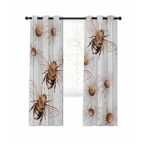 Bees Inset Blackout Curtains 45 Inch Length Daisy White Wood Grain Striped Vintage Abstract Thermal Insulated Window Curtain Window Drapes 2 Panels for Bedroom Living Room 52"Wx45"L
