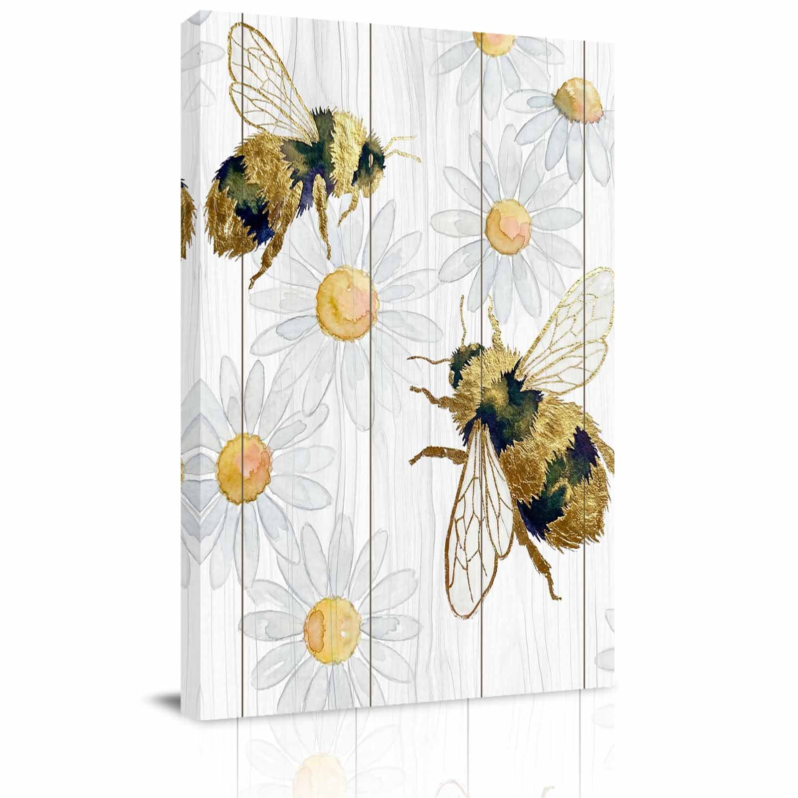Bees Inset Canvas Wall Art for Living Room, Daisy Watercolor Floral ...
