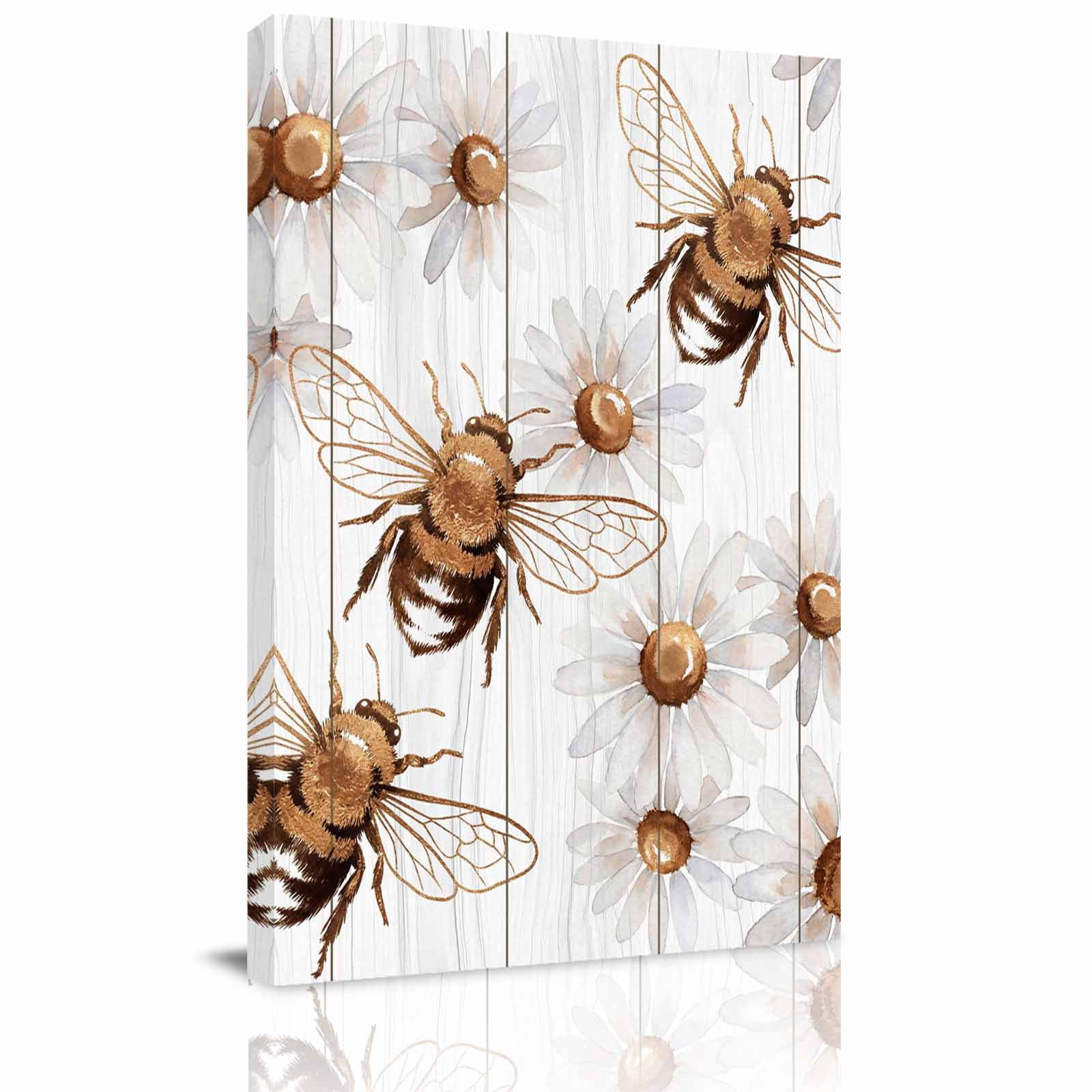 Bees Inset Canvas Wall Art for Living Room, Daisy White Wood Grain ...