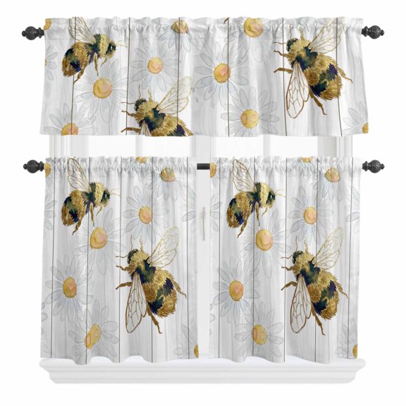 Bees Inset Curtain Valances Set Daisy Watercolor Floral White Wood Grain Striped Kitchen Curtains 24 inch Length Rod Pocket Valance and Tiers 3 Piece Set Small Bedroom Bathroom Laundry Decor