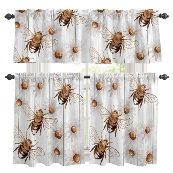 Bees Inset Kitchen Curtains Set for Windows, Daisy White Wood Grain Striped Vintage Abstract Curtains Valance and Tier 3 Piece Set Small Drapes 24 Inch Length for Kitchen Bedroom Decor