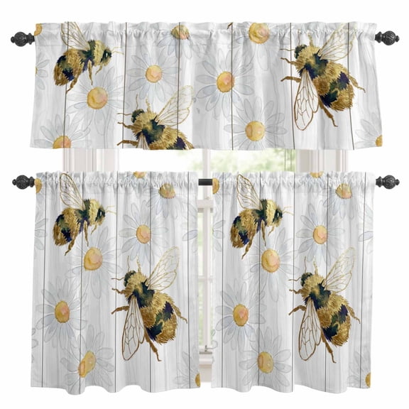 Bees Inset Kitchen Curtains Valance and Tier Set Daisy Watercolor Floral White Wood Grain Striped Rod Pocket Short Curtains for Small Window 3 Pieces Set for Bedroom Cafe (54" x 18"+27" x 24")