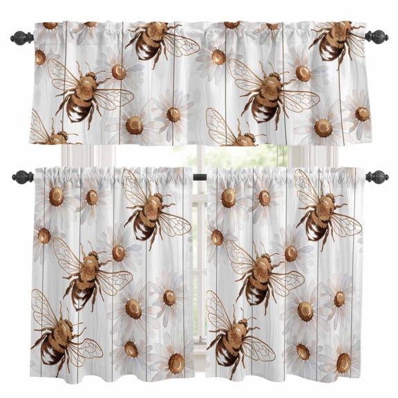 Bees Inset Kitchen Curtains Valance and Tier Set Daisy White Wood Grain Striped Vintage Abstract Rod Pocket Short Curtains for Small Window 3 Pieces Set for Bedroom Cafe (54" x 18"+27" x 24")
