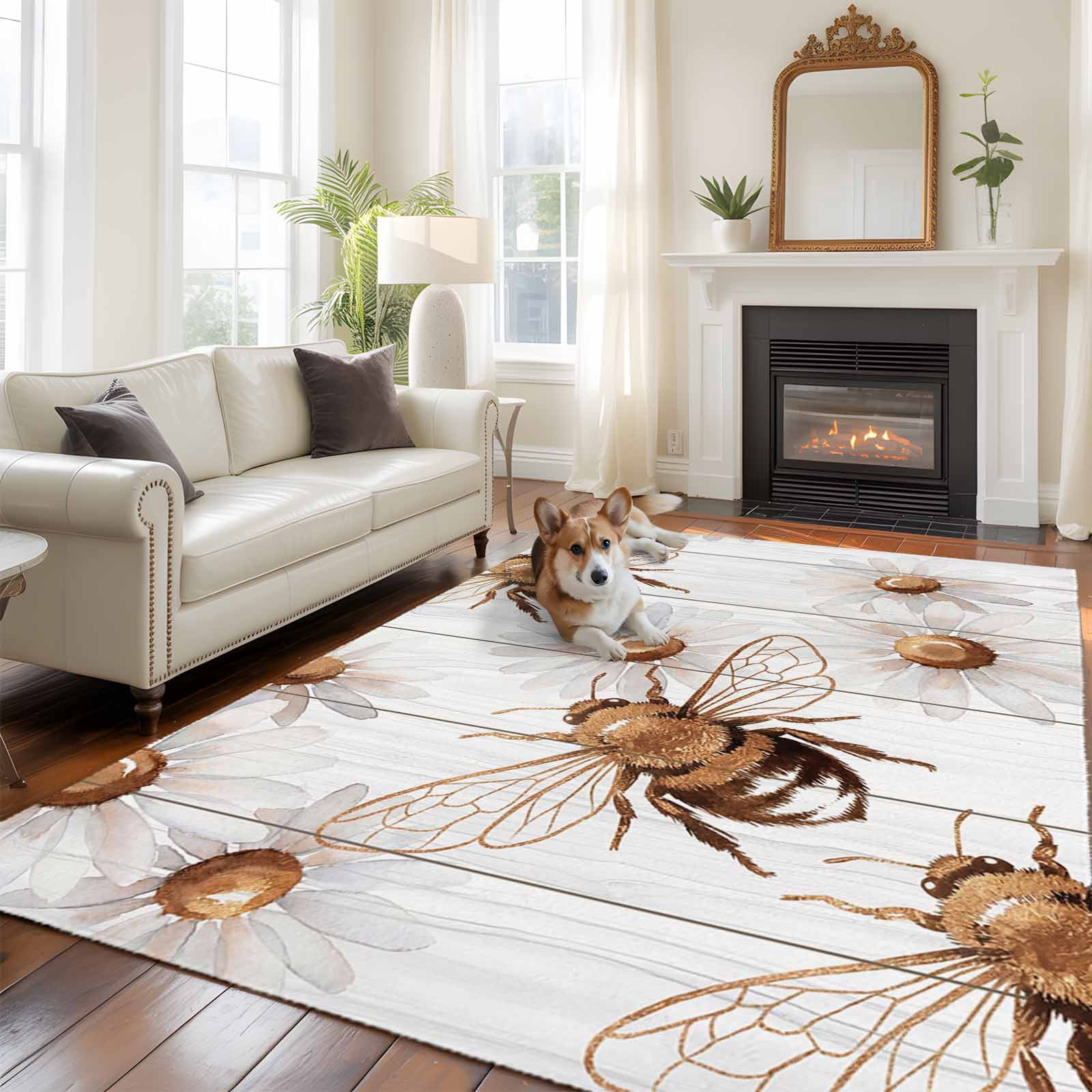 Bees Inset Large Area Rugs 6x9 ft Daisy White Wood Grain Striped ...