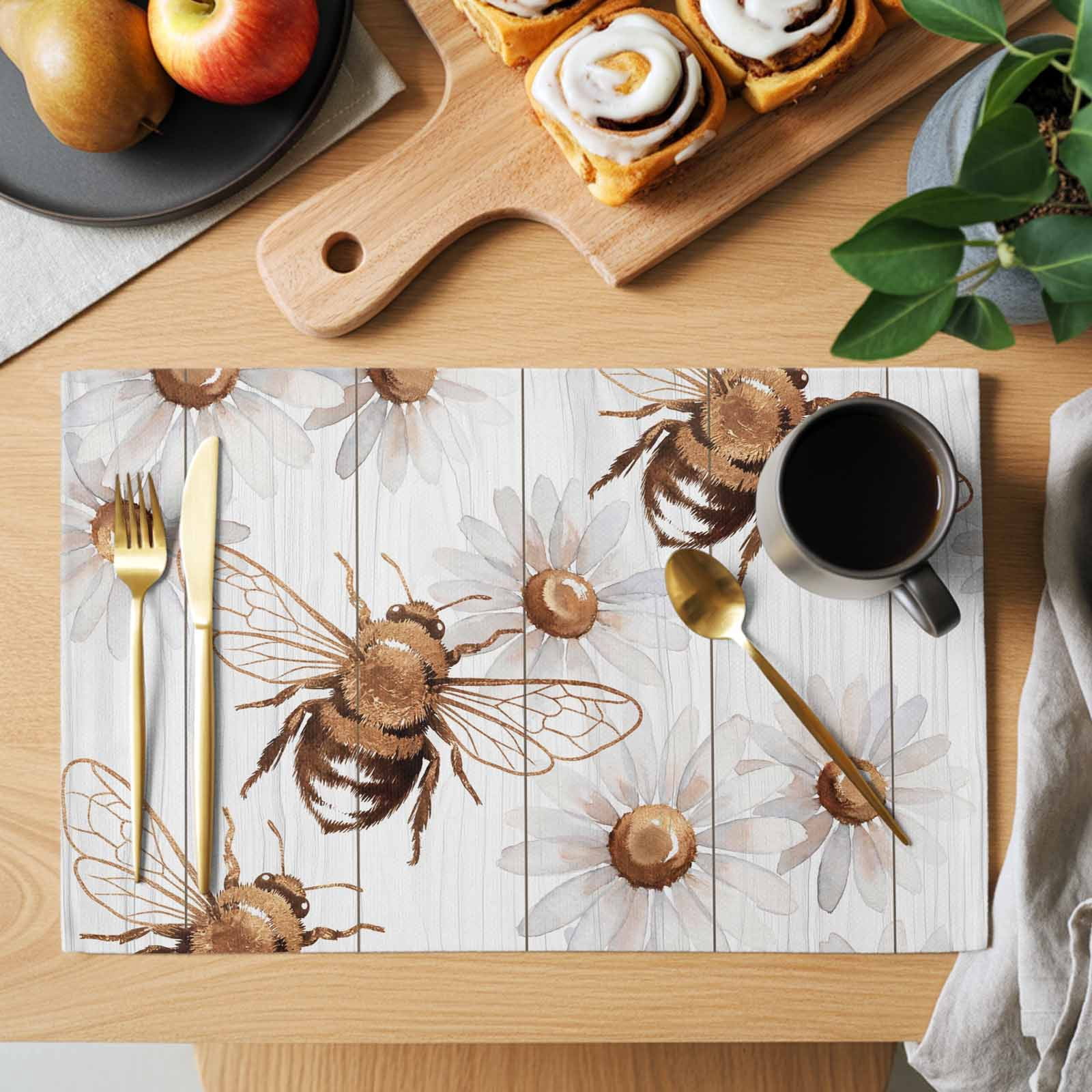 Bees Inset Placemats Set of 1, Daisy White Wood Grain Striped Vintage ...