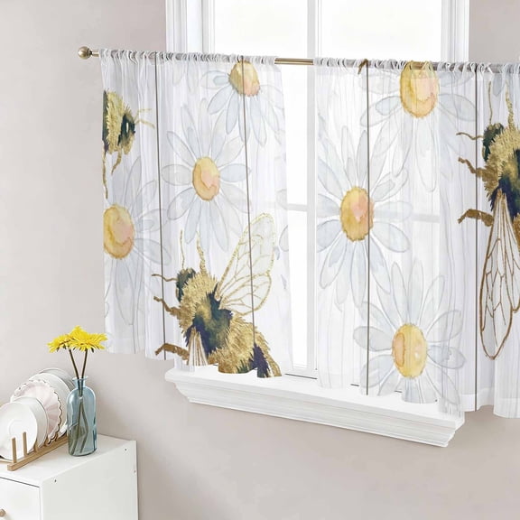 Bees Inset Sheer Curtains for Living Room Bedroom, Daisy Watercolor Floral White Wood Grain Striped Light Filtering Sheer Curtain Rod Pocket Voile Window Treaments Drapes, 52 x 45 Inches