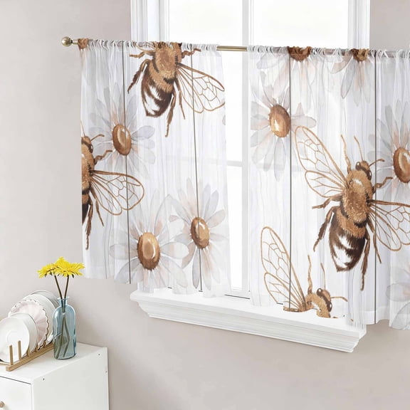 Bees Inset Sheer Curtains for Living Room Bedroom, Daisy White Wood Grain Striped Vintage Abstract Light Filtering Sheer Curtain Rod Pocket Voile Window Treaments Drapes, 52 x 45 Inches