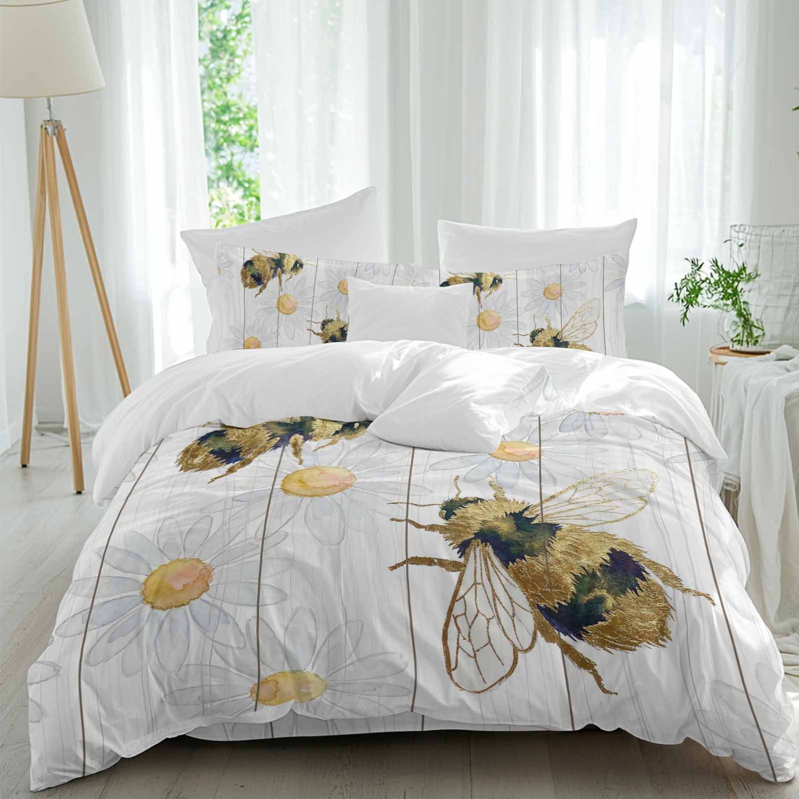 Bees Inset Twin Duvet Cover Set, Daisy Watercolor Floral White Wood Grain Striped 4 Piece Microfiber Bedding Set with Zipper Closure, Bed Sheet and 2 Pillow Shams, Soft Bedding Cover
