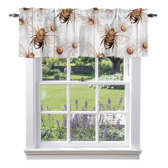 Bees Inset Valance Curtain for Windows Daisy White Wood Grain Striped Vintage Abstract Rod Pocket Curtain Valances Short Window Treatments Panels for Kitchen Bathroom Laundry Basement 42 x 12 Inch