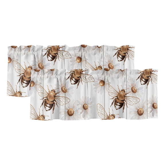 Bees Inset Valances for Window 2 Pack, Daisy White Wood Grain Striped Vintage Abstract Rod Pocket Curtains Valances Light Filtering Short Curtains for Kitchen Bedroom Bathroom 42 x 12 Inch